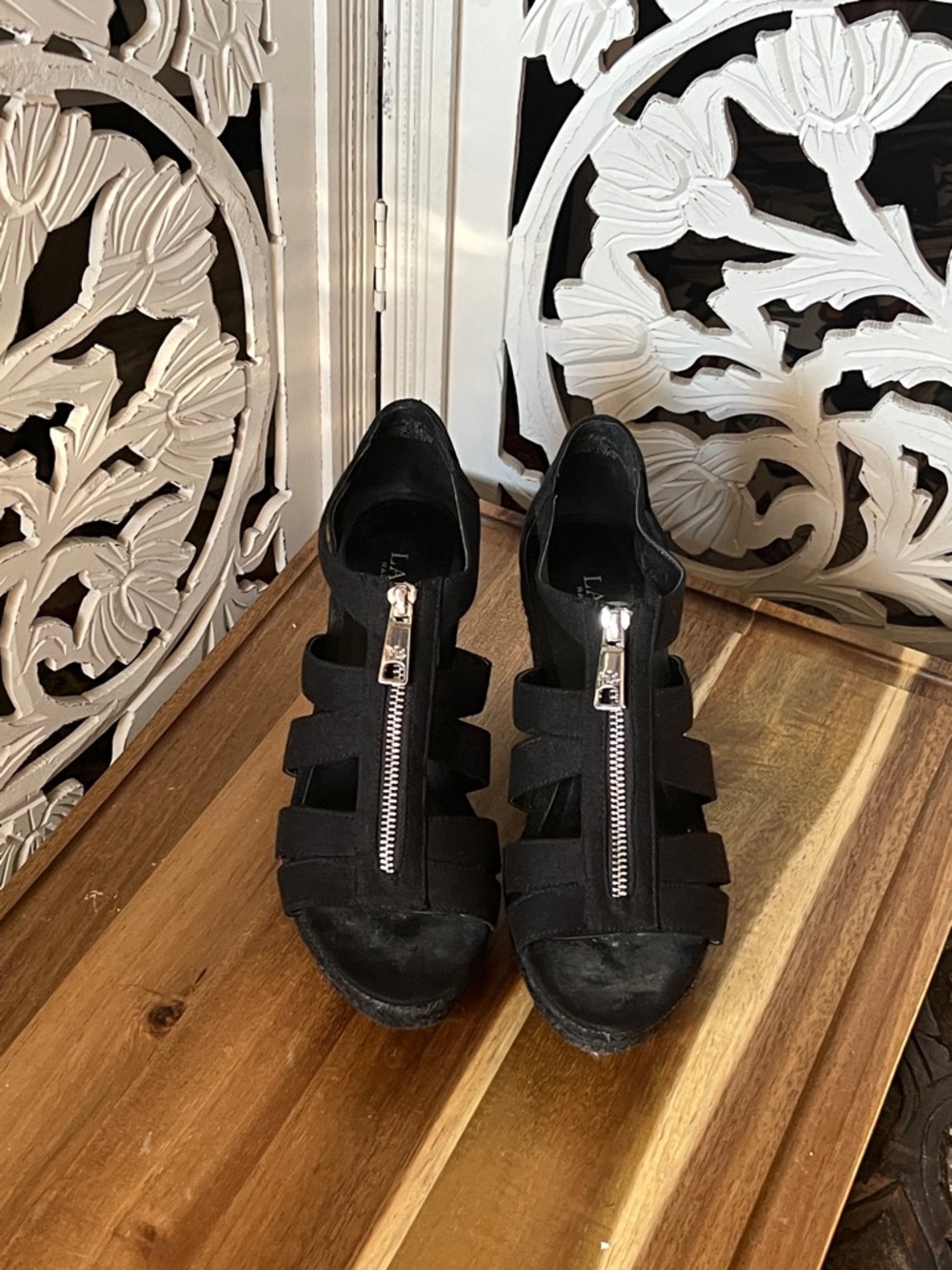 Lauren Ralph Lauren Black Espadrille Wedge Sandals with Front Zip Detail - Picture 2 of 4
